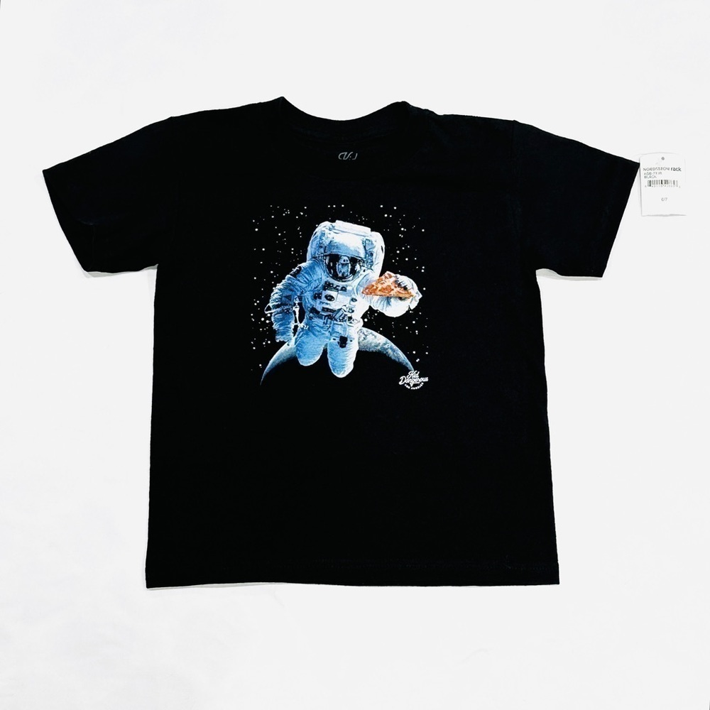NWT Kid Dangerous Kids Astronaut Pizza Black Graphic T-shirt